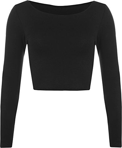 Womens Crop Long Sleeve T Shirt Ladies Short Plain Round Neck Top - Black - 12/14
