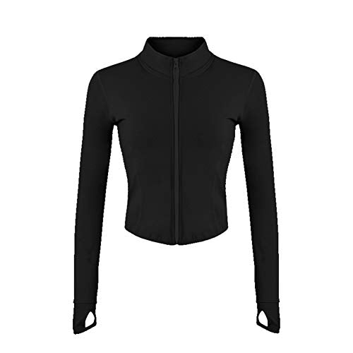 SotRong Women's Full Zip-up Sports Jacket Slim Fit Workout Running Gym Yoga Crop Top Long Sleeve with Thumb Holes Black S