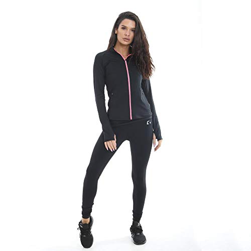 RIPT Performance Ladies Workout Training Top Zip Up Quick Dry Thumb Hole Long Sleeve Gym Jacket, Black/Pink, Small