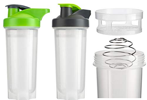 HOMESHOPA Set of 2 Sports Shaker Bottles 700ml with Air-Tight Snap-Lock Closure, Mesh Gauze, Metal Wire Mixer Ball Blender Mixer Perfect for Protein Shakes, Nutrition & Smoothies