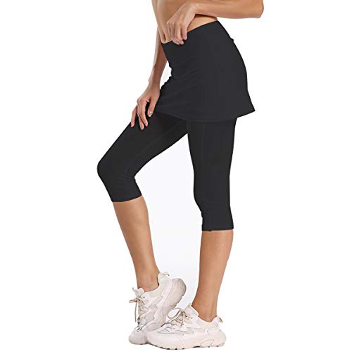 Geekbuzz Women's UPF 50+ Capri Skirted Leggings Adjustable Active Running Tennis Sports Leggings Tights Pants with Skirt & Pockets (Black, XS)