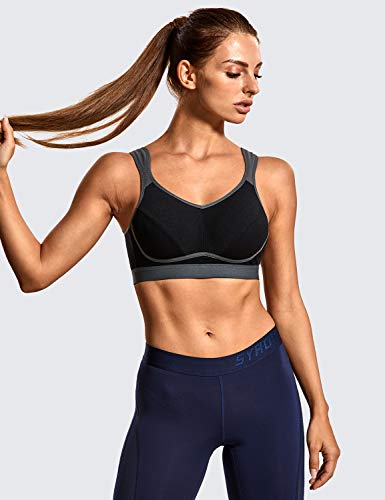 SYROKAN Women's Workout Gym Support Bounce Control Plus Size High Impact Sports Bra Wirefree Black/Grey-1 38DD