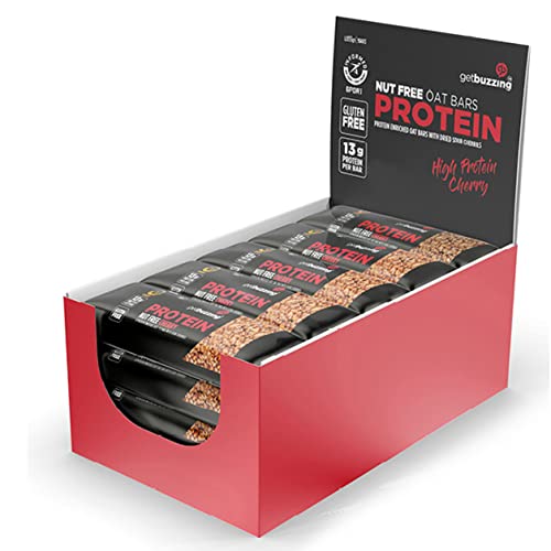 Getbuzzing High Protein Nut Free Flapjack - Cherry 55g - Healthy Snack Bars - Gym, Running, Cycling - Pure Protein Made in The UK - Pack of 12 Bars