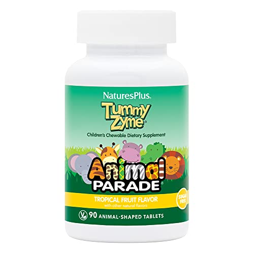 NaturesPlus Animal Parade Tummy Zyme Children’s Chewable Digestive Support - Active Enzymes, Lactase, Live Probiotics and Whole Foods - Vegetarian, Gluten Free - Tropical Fruit Flavour - 90 Animal Shaped Tablets