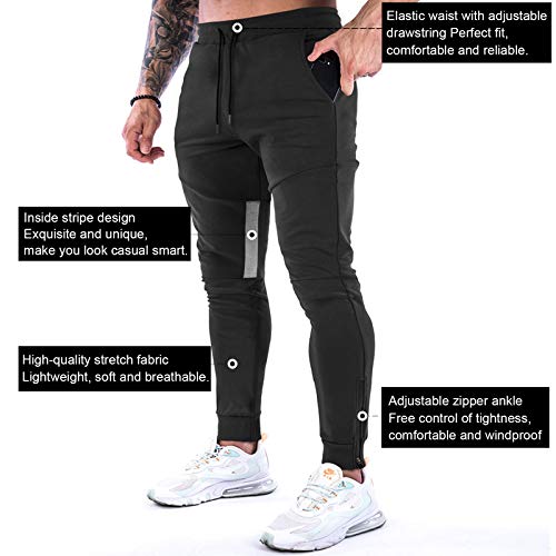 MakingDa Mens Jogger Sport Pants with Pockets Drawstring Casual Gym Fitness Trousers Tracksuit Bottoms Slim Fit Running Sweatpants-K08-Black-L