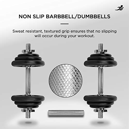 JLL 20kg Cast Iron Dumbbell & Barbell Set 2021, 4x 0.5kg, 4x 1.25kg and 4x 2.5kg weight plates, 4x spin-lock collars, steel connecting bar, hammer tone look, resilient and long lasting training equipment