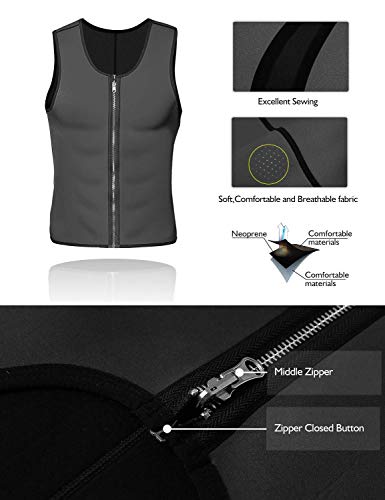 LaLaAreal Men Neoprene Shapewear Hot Sweat Vest Slimming Sauna Top Weight Loss Waist Trainer Body Shaper Gery(front Zipper) Large