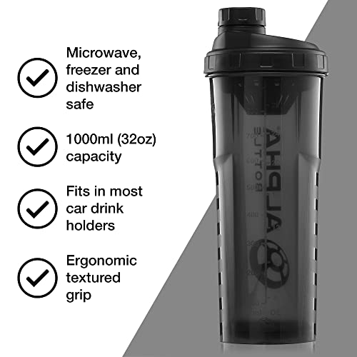 Alpha Designs - Alpha Bottle V2 Protein Shaker - Gym Shaker Bottle 1000ml, Anti-Bacterial BPA & DEHP Free 1L Protein Shaker with BioCote Technology - Smoke