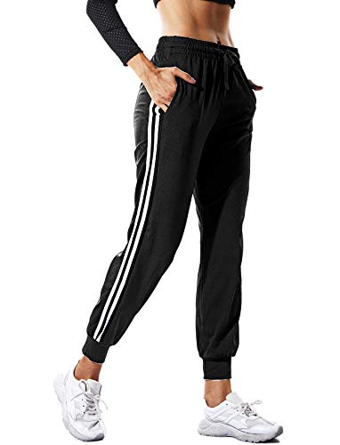 RIOJOY Women's Casual Athletic 2-Stripe Jogger Pants Drawstring Waist Sweatpants Tracksuit Bottoms with Pockets, Black, L