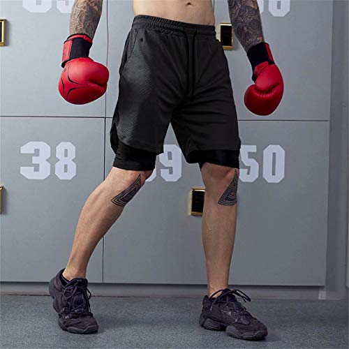 ASKSA Men's Sports Shorts 2 in 1 Running or Gym Quick Drying Breathable Training Shorts Joggers Pants with Built-in Pocket(Black,XL)