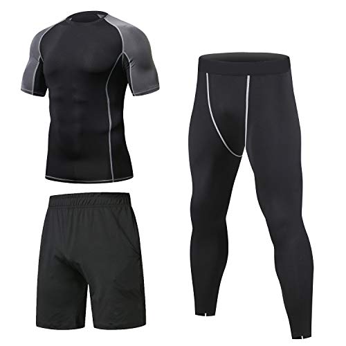 Niksa 3 Pcs Mens Fitness Gym Clothing Set,Sports Wear Exercise Clothes Activewear,Base Layers Shirts+Loose Fitting Shorts+Compression Pants for Workout Training Running (L,Short Sleeve(153519))