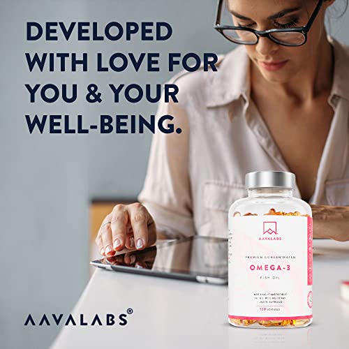 AAVALABS Omega 3 Fish Oil 2000mg per Daily dose (2 softgels) - 1000mg EPA + 500 mg DHA per dose - High Strength Omega 3 Fatty Acids Supplements - Molecularly Distilled - 120 Capsules - 60 Days Supply