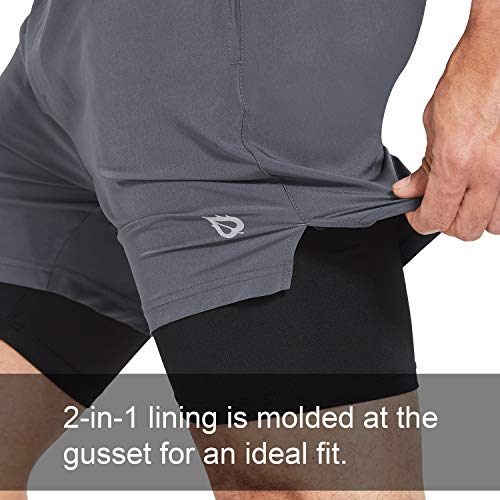 BALEAF Men's 2-in-1 Running Athletic Shorts Zipper Pocket Grey/Black Size L