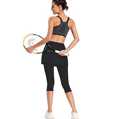 Geekbuzz Women's UPF 50+ Capri Skirted Leggings Adjustable Active Running Tennis Sports Leggings Tights Pants with Skirt & Pockets (Black, XS)