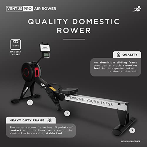 JLL® Ventus Pro Air Rower, Commercial Level Home Air Rowing Machine, Suitable For Home Use, 10 Levels of Air Resistance, Heavy Duty Folding Rower, 150KG User Weight, 11 Readout LCD Monitor - Gym Store