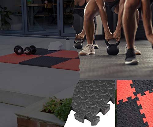 Edukit Interlocking Puzzle Floor Tiles Mat; Pack of 4; 61.5 x 61.5cm; 2cm Thick; EVA Foam; Red – Thicker and Larger than Regular Tiles for Heavyweight Equipment - Ideal for Gyms, Garage or Gardens