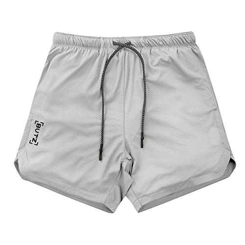 Borlai Men's Quick Dry Fitness Shorts Gym Running Shorts Double-Layer Sports Undershorts Summer Short, Size: M/L/XL/XXL/XXXL Light Grey