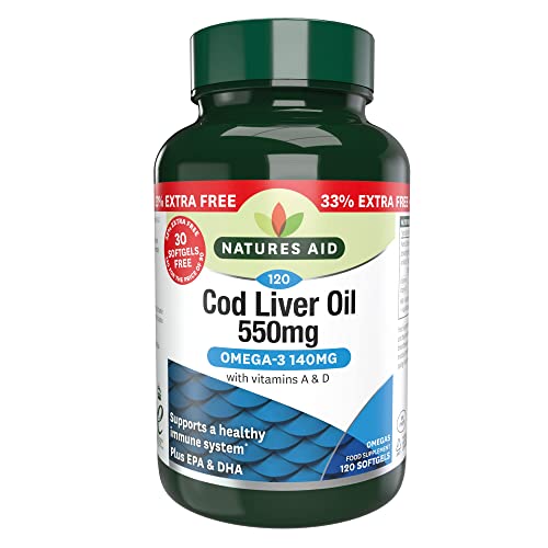 Natures Aid Cod Liver Oil 550 mg 120 Softgel Capsules (Providing 120 mg Omega-3, with Vitamins A and D, For The Normal Function of the Immune System, Purity Guaranteed, Made in the UK) - Gym Store