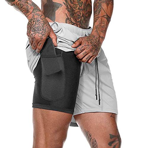 Borlai Men's Quick Dry Fitness Shorts Gym Running Shorts Double-Layer Sports Undershorts Summer Short, Size: M/L/XL/XXL/XXXL Light Grey - Gym Store | Gym Equipment | Home Gym Equipment | Gym Clothing