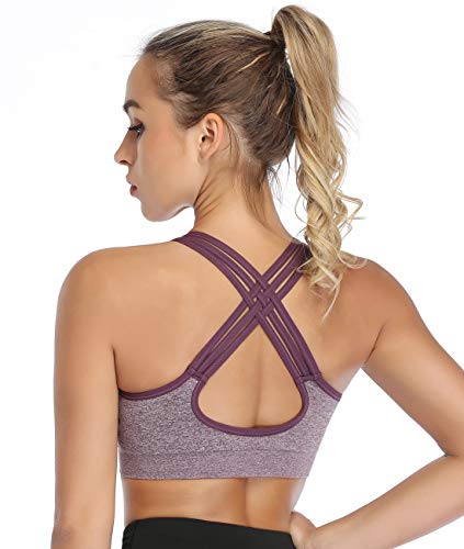 ANGOOL Padded Sports Bra Wirefree Mid Impact Yoga Bras Unique Cross Back Strappy for Gym Yoga