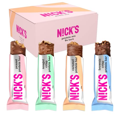 Nicks Protein Bar Mix Box, Keto Snack Bars 4g Net Carbs, 15g Protein, 5g Collagen No Added Sugar Gluten Free Low Carb Snacks (9x50g - Protein)