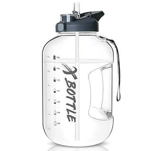 3.78L Large Water Bottle with 2 in 1 Straw & Chug Lid - Dishwasher Safe & Time Marker Motivational Gallon Water Bottle BPA Free - Durable Handle Easy Carry for Gym,Sports,Camping, Office, Home