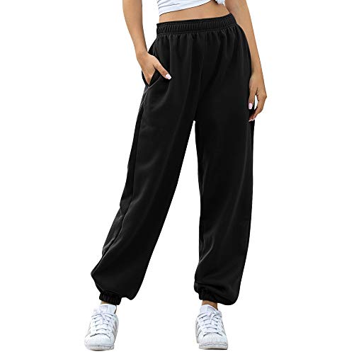 Nuofengkudu Women's Plain Baggy Fleece Tracksuit Bottoms Warm Harem Joggers Pants with Pockets Elastic Waist Thermals Tapered Leg Sweatpants Running Workout Casual Lounge Wear(F-Black, L)