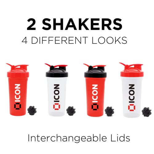 ICON Protein Shaker Bottle (Pack of 2), 100% Leak Proof 700ml Protein Shaker - Clear & Red