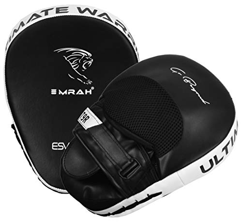 EMRAH Boxing Pads Focus Mitts Pro Grip Hide Leather Curved Hand Pads with Adjustable Strap, Hook and Jab Hand Strike Shield Punching Target, Muay Thai Training (Black/White)