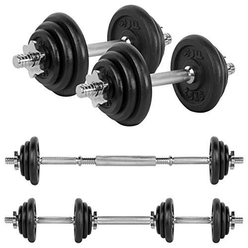 JLL 20kg Cast Iron Dumbbell & Barbell Set 2021, 4x 0.5kg, 4x 1.25kg and 4x 2.5kg weight plates, 4x spin-lock collars, steel connecting bar, hammer tone look, resilient and long lasting training equipment