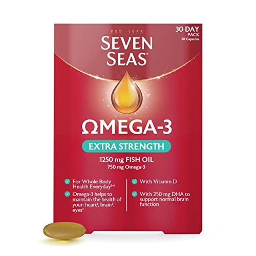 Seven Seas Omega-3 Fish Oil Extra Strength, One-A-Day, Vitamin D, 1250 mg Fish Oil, 750 Mg Omega-3 + 250 mg, 30 High Strength Tablets