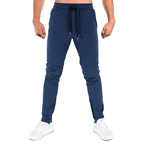 BROKIG Mens Gym Joggers Sweatpants, Causal Slim Fit Running Trousers Tracksuit Jogging Bottoms with Double Pockets (Small,Navy)