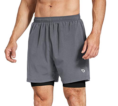 BALEAF Men's 2-in-1 Running Athletic Shorts Zipper Pocket Grey/Black Size L