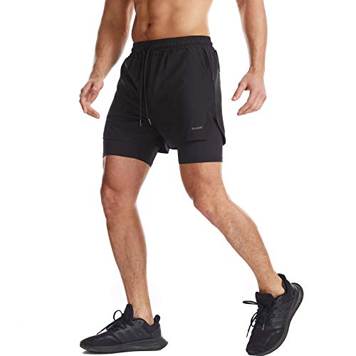 Danfiki Running Shorts Men with Phone Pocket 2 in 1 Gym Training Shorts Lightweight Quick Drying Black