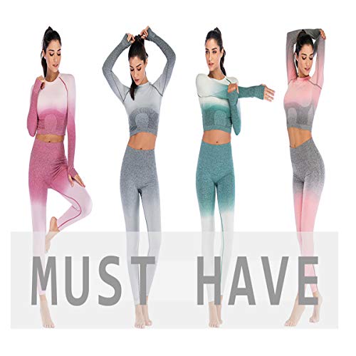 Leoyee Seamless Gradient Gym Tights Sports Shirts Yoga Tops for Women Running Workout Long Sleeve T-Shirt Tops
