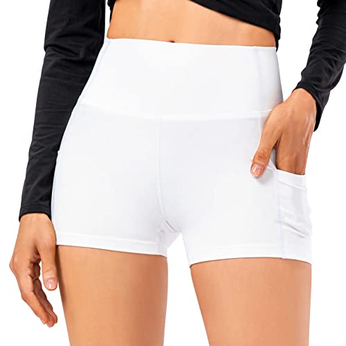 TERODACO Womens Running Shorts with Phone Pocket Comfortable Moisture Wicking Womens High Waisted Yoga Shorts for Sports Gym Workout,Stretchy Quick Dry Seamless 12428 White M