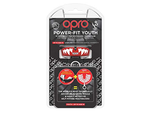 Opro Power-Fit Mouthguard | Gum Shields For Rugby, Hockey, GAA, BJJ, Boxing, and Other Combat Sports - 18 Month Extended Dental Warranty (Youth, Red Jaws)