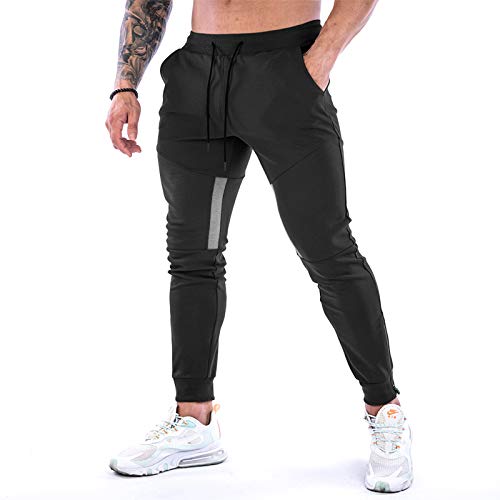 MakingDa Mens Jogger Sport Pants with Pockets Drawstring Casual Gym Fitness Trousers Tracksuit Bottoms Slim Fit Running Sweatpants-K08-Black-L
