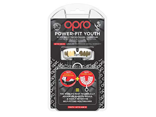 OPRO Power-Fit Mouthguard | Gum Shield for Rugby, Hockey, MMA, and Other Contact Sports (Youth, White/Gold Teeth)
