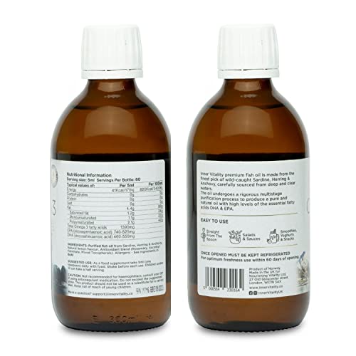 Omega 3 Fish Oil Liquid - Natural Fresh Lemon Flavour with NO Fishy Taste, High Strength DHA/EPA - Made from Wild Caught Nordic Fish Oil | 3rd Party Tested for Purity - Inner Vitality