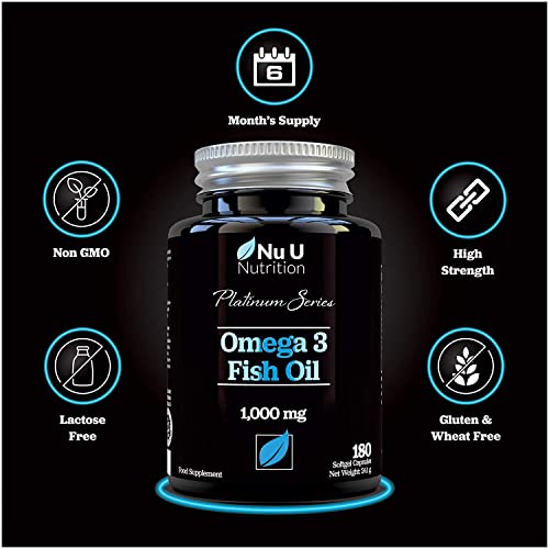 Omega 3 Fish Oil 1000mg Double Strength EPA & DHA Softgel Capsules, 180 (6 Month Supply) Premium Fish Oil Capsules 1000mg , Made in The UK