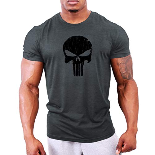 GYMTIER Mens Bodybuilding T-Shirt - Skull - Gym Training Top Grey