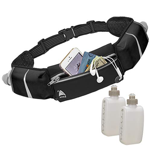 Athle Running Belt - 2 10oz Water Bottles, Large Fanny Pack Pocket Fits All Phones and Wallet, Bib Holders, Adjustable One Size Fits All Waist Band, Key Clip, 360° Reflective - Black Speed Sash
