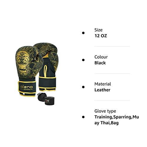Islero Fitness Matte Black Boxing Gloves Men Punch Bag Women MMA Muay Thai Martial Arts Kick Boxing Sparring Training Fighting Gloves With Hand Wraps (Black, 12 OZ)