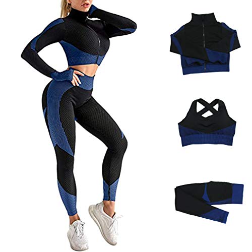 Veriliss Women's Workout Outfit 3 Pieces Tracksuit-Seamless Yoga Leggings and Stretch Sports Bra Gym Clothes Set, Mothers Day Gifts (BlackBlue, M)