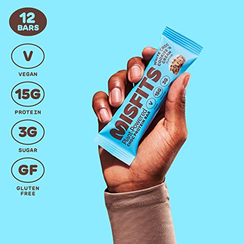 Misfits Vegan Protein Bar, Cookies & Cream, Plant Based Chocolate Protein Bar, High Protein, Low Sugar, Low Carb, Gluten Free, Dairy Free, 12 Pack