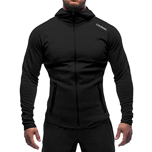 Broki Mens Gym Zip Hoodie Sweatshirts, Workout Bodybuilding Fitted Muscle Slim Fit Hoody Jacket with Pockets (Casual Black, XX-Large)