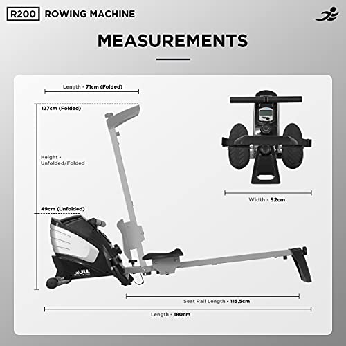 JLL® R200 Luxury Home Rowing Machine, 2022 Model Rowing Machine Fitness Cardio Workout with Adjustable Resistance, Advanced Driving Belt System, 12-Month Warranty, Black and Silver Colour