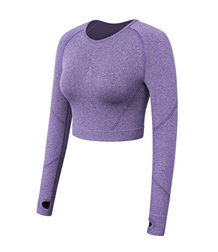 DUROFIT Yoga Gym Crop Tops Women with Thumb Hole Seamless Long Sleeve Shirt Quikc Dry Compression Top Activewear Sportwear Dark Purple M