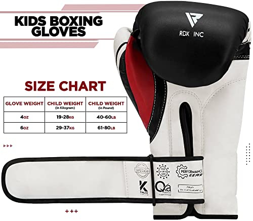 RDX Kids Boxing Gloves, 6oz 4oz Junior Training Mitts, Maya Hide Leather Ventilated Palm, Muay Thai Sparring MMA Kickboxing, Punch Bag Speed Ball Focus Pads Punching Workout, Youth Games Fun (Black, 6 oz)